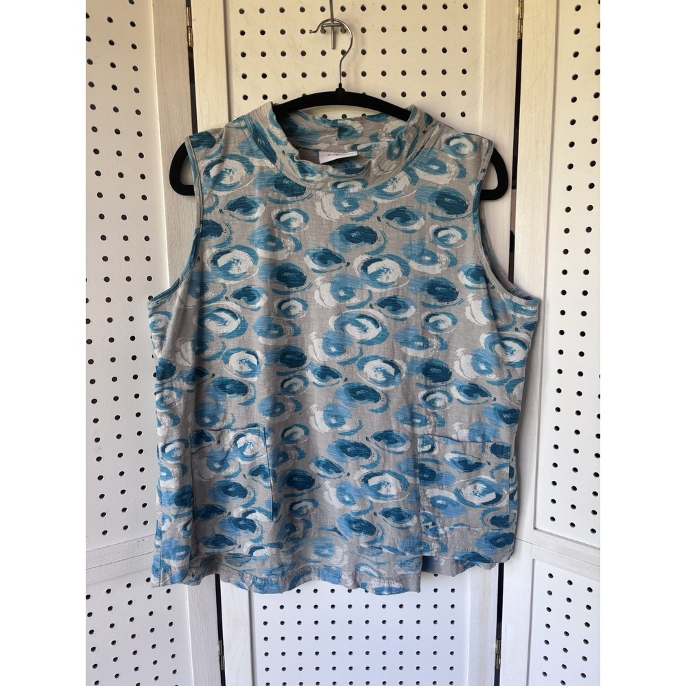 Komil Womens XL Mock Tank Top Blouse Pockets Geo Print Abstract Gray Blue Cotton